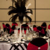 Red & black chair covers, black & white linens, feather centerpieces