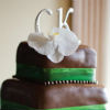 Brown fondant cake with green fondant trim and monogram initials topper