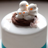 Modern white, two tier cake with teal trim and doves in nest topper