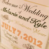 Welcome sign in a vintage white frame welcomes guests to the reception venue