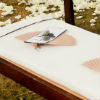 Rustic outdoor ceremony with vintage wood benches, and paper fan favours.