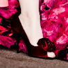 Deep red open toe pumps with rose bud detail on toe