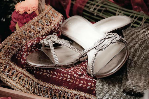 Metallic kitten heel sandles with rhinstone toe detail