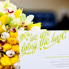 Spring or fall bouquet with yellow tulips with white tulip accents