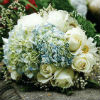 Blue and white bouquet with white roses, blue hydrangea and baby's-breath