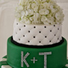 Modern three tier cake with white and green fondant accents, black and white quilted top layerm crystal monogram detail